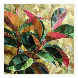 Ficus Elastica artwork in burgundy and gold tones