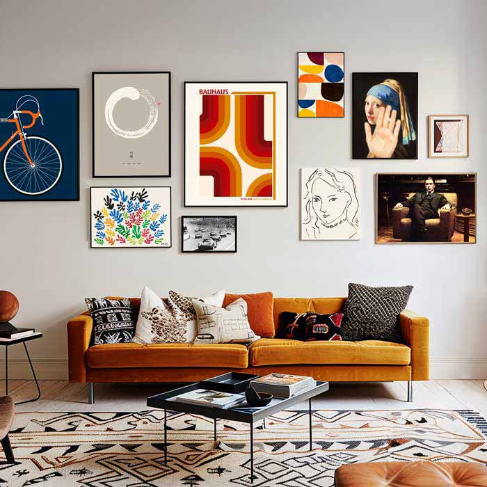 Framed wall art on a living room wall